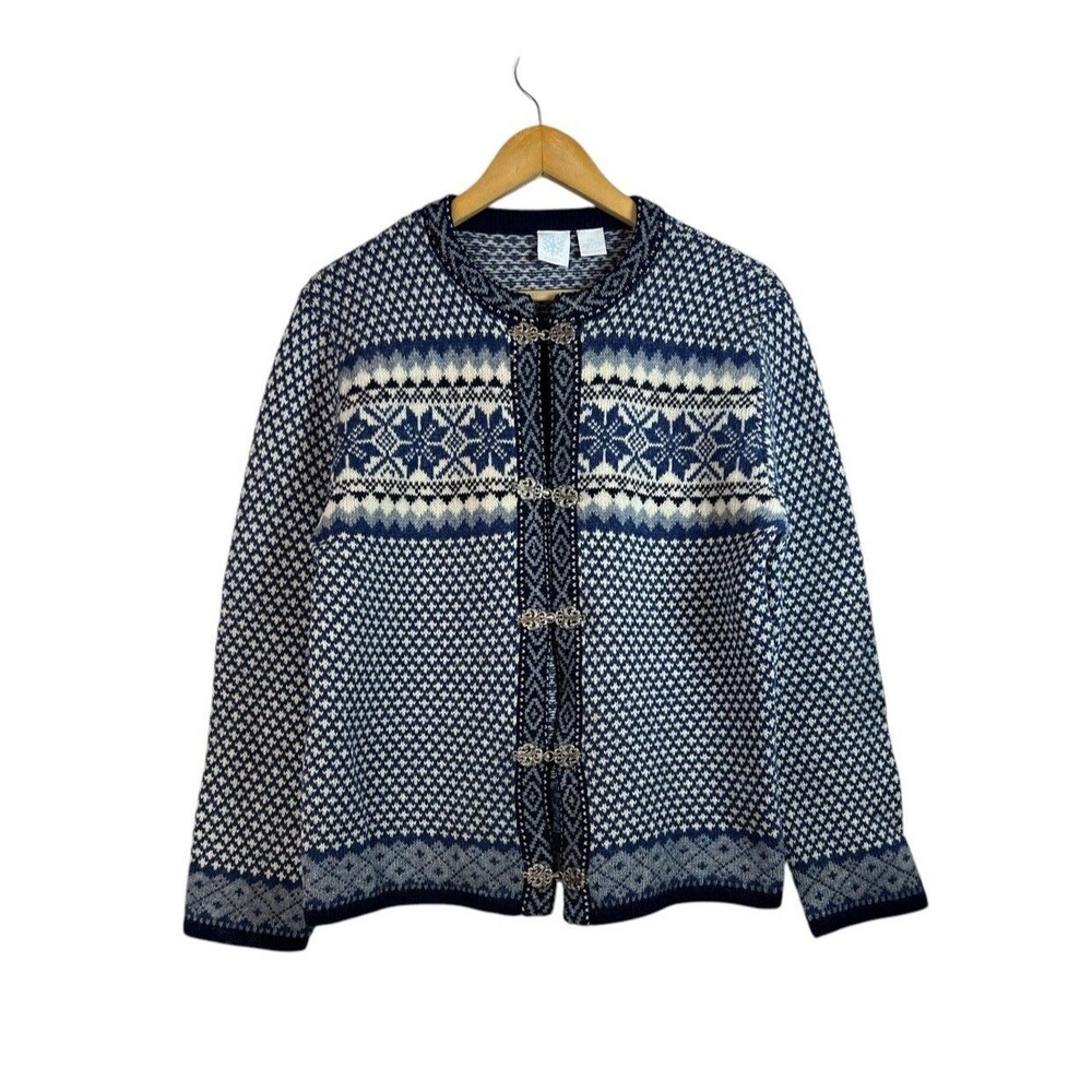 Vintage Petite Fair Isle Blue White Eye Hook Cardigan Sweater Womens Petite XL